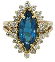 14kt yellow gold blue topaz and diamond ring.