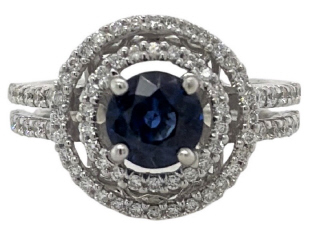 18kt white gold double halo sapphire and diamond ring.