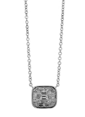 18kt white gold round and baguette diamond pendant with chain.