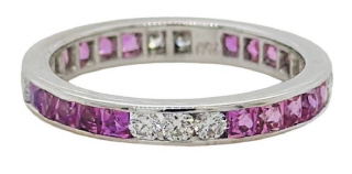 18kt white gold diamond and pink sapphire band