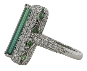 14kt white gold green tourmaline and diamond ring.