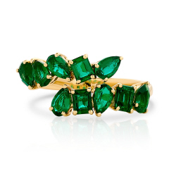 18kt yellow gold mixed shape emerald bypass ring.