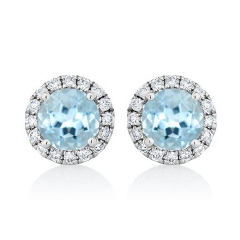 14kt white gold aqua and diamond halo stud earrings.