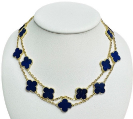 18kt yellow gold 32" clover lapis station necklace