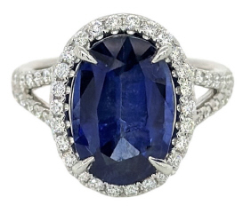 18kt white gold oval sapphire diamond halo split shank ring