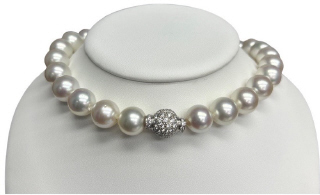 Strand of south sea pearl necklace with 18kt white gold diamond magnetic clasp