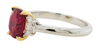 18kt two-tone cushion ruby and half moon diamond ring