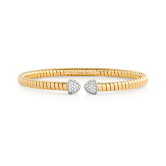 18kt yellow gold Tubogas style flex cuff bangle bracelet with pave diamond ends.