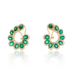 18kt yellow gold open curved emerald and diamond earrings.