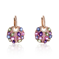18kt rose gold hanging multi-color stone and diamond earrings.