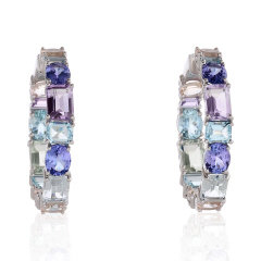 18kt white gold multi-shape inside/outside multi-color hoop earrings.