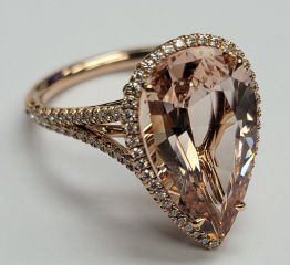 18kt rose gold hand made Pear Shape Morganite and Diamond halo ring.