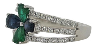18kt white gold sapphire and emerald flower ring with diamonds.