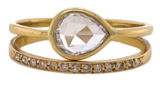 18kt yellow gold pear shape rose cut and round diamond ring.