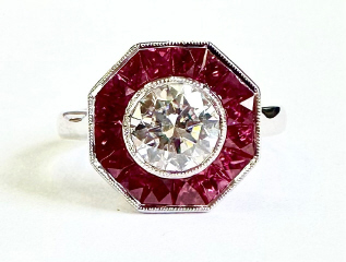 Lab Grown: 18kt white gold Lab Grown Diamond and Natural Ruby ring.