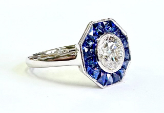 Lab Grown: 18kt white gold Lab Grown Diamond and Natural Sapphire ring.