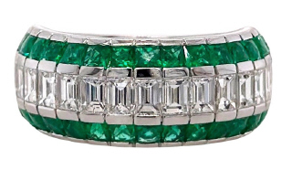 18kt white gold 3-row channel set emerald and diamond band.
