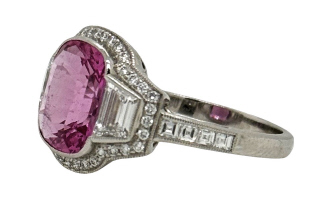 Platinum cushion pink sapphire and diamond ring