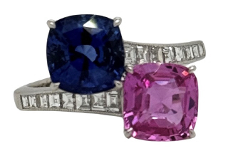 Platinum sapphire, pink sapphire and diamond bypass ring