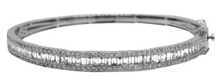 18kt white gold round and baguette diamond bangle bracelet.