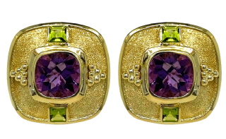 14kt yellow gold large amethyst and peridot earrings. Omega clip backs. Non-pierced.