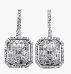 18kt white gold round and baguette diamond hanging earrings