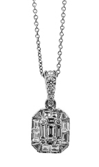 18kt white gold round and baguette diamond pendant with chain