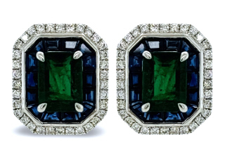 18kt white gold emerald, sapphire and diamond earrings.
