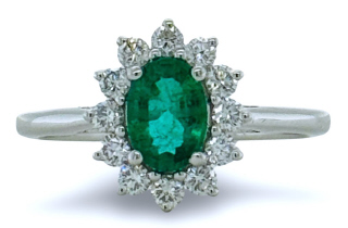 18kt white gold oval emerald and diamond halo ring