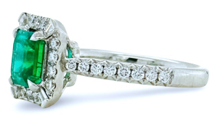 18kt white gold square emerald, round and baguette diamond halo ring