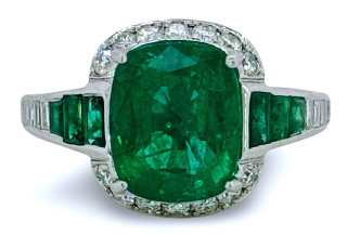 18kt white gold cushion emerald and diamond ring