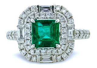 18kt white gold square emerald, round and baguette diamond ring