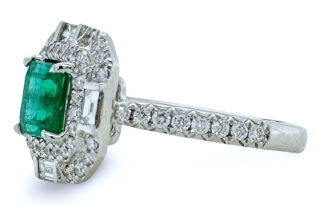 18kt white gold square emerald, round and baguette diamond ring