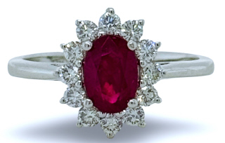 18kt white gold oval ruby and diamond halo ring