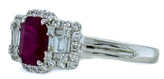 18kt white gold ruby and diamond ring.