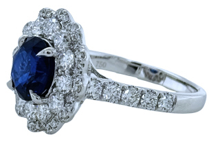 18kt white gold double halo diamond and sapphire ring