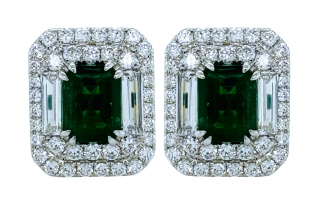 18kt white gold emerald cut round and baguette diamond earrings