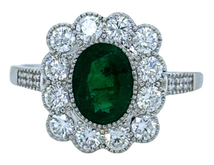 18kt white gold oval emerald and diamond halo ring