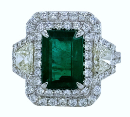 18kt white gold double halo diamond and emerald ring