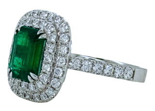 18kt white gold double halo diamond and emerald ring