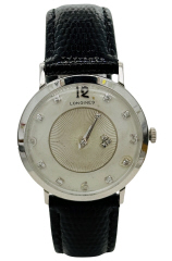 14kt white gold Longines "Mystery" diamond dial watch with black strap
