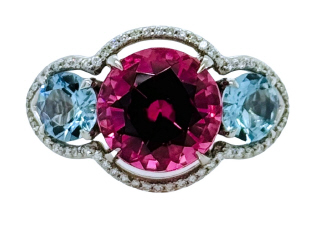 Platinum 3 stone aqua and tourmaline halo ring