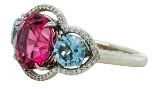 Platinum 3 stone aqua and tourmaline halo ring