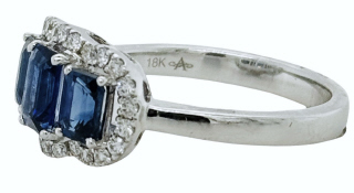 18kt white gold 3 stone EC sapphire halo ring