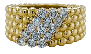 14kt yellow gold 5 row bead style band with diamonds.