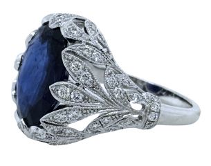Platinum diamond and oval sapphire ring