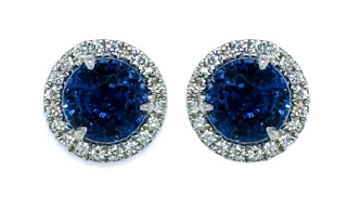 18kt white gold martini style sapphire and diamond halo stud earrings.
