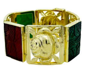 14kt yellow gold green onyx and carnelian flower style wide bracelet