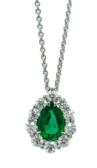 18kt white gold pearshape emerald and diamond pendant