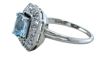 14kt white gold aqua and diamond halo ring